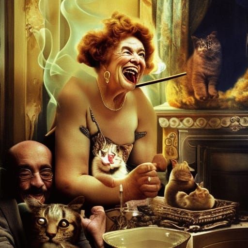 Laughing Woman with Cats: Digital Matte Painting
