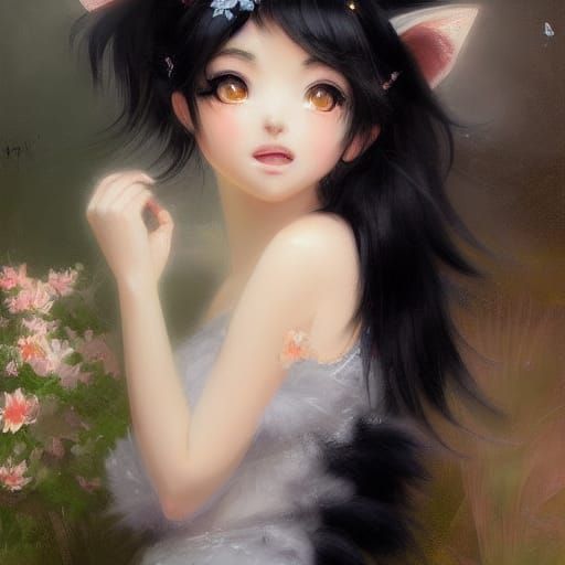 Glamorous Anime Cat Girl in Rainstorm