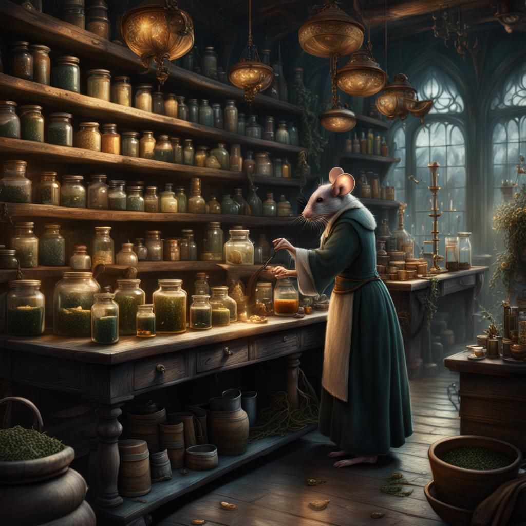 Mouse Herbalist Working in Apothecary: Digital Matte Paintin...