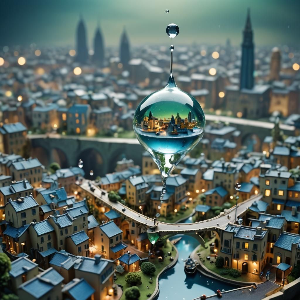 Surreal Miniature City Inside Water Droplet