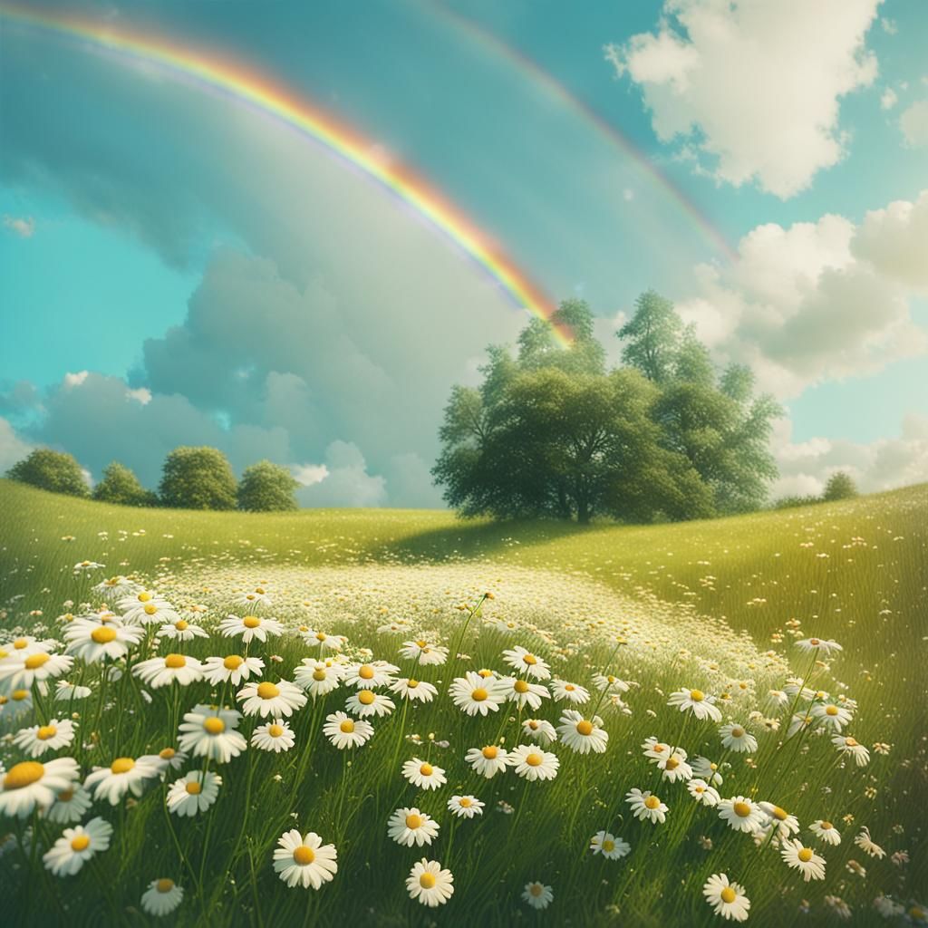 Rainbow over Daisy Field: Cinematic Film Still