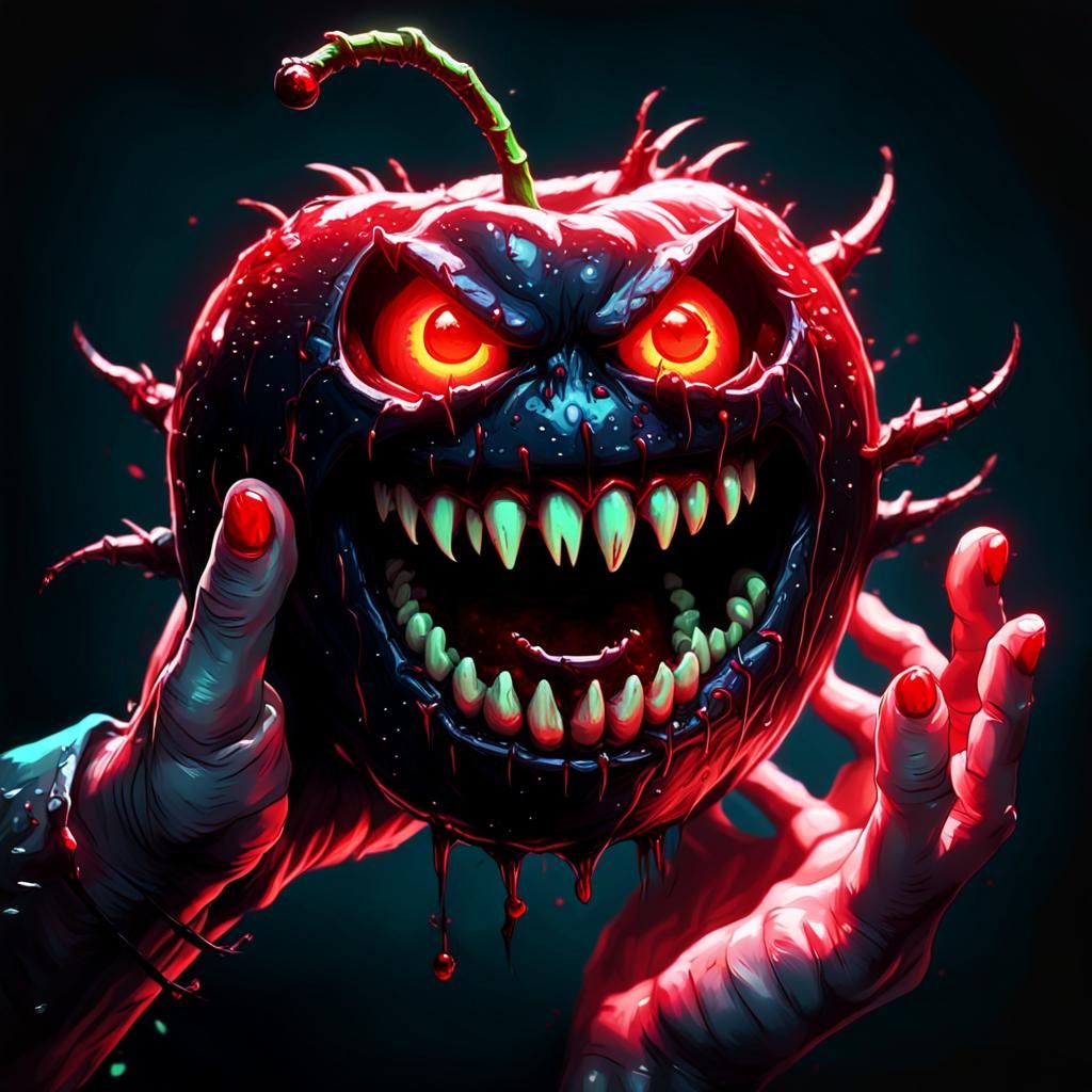 Demonic Cherry Attacks: Neon Horror in 8-Bit Style
