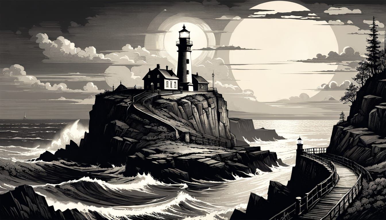 Steampunk Lighthouse on Stony Outcrop, European Ink Painting