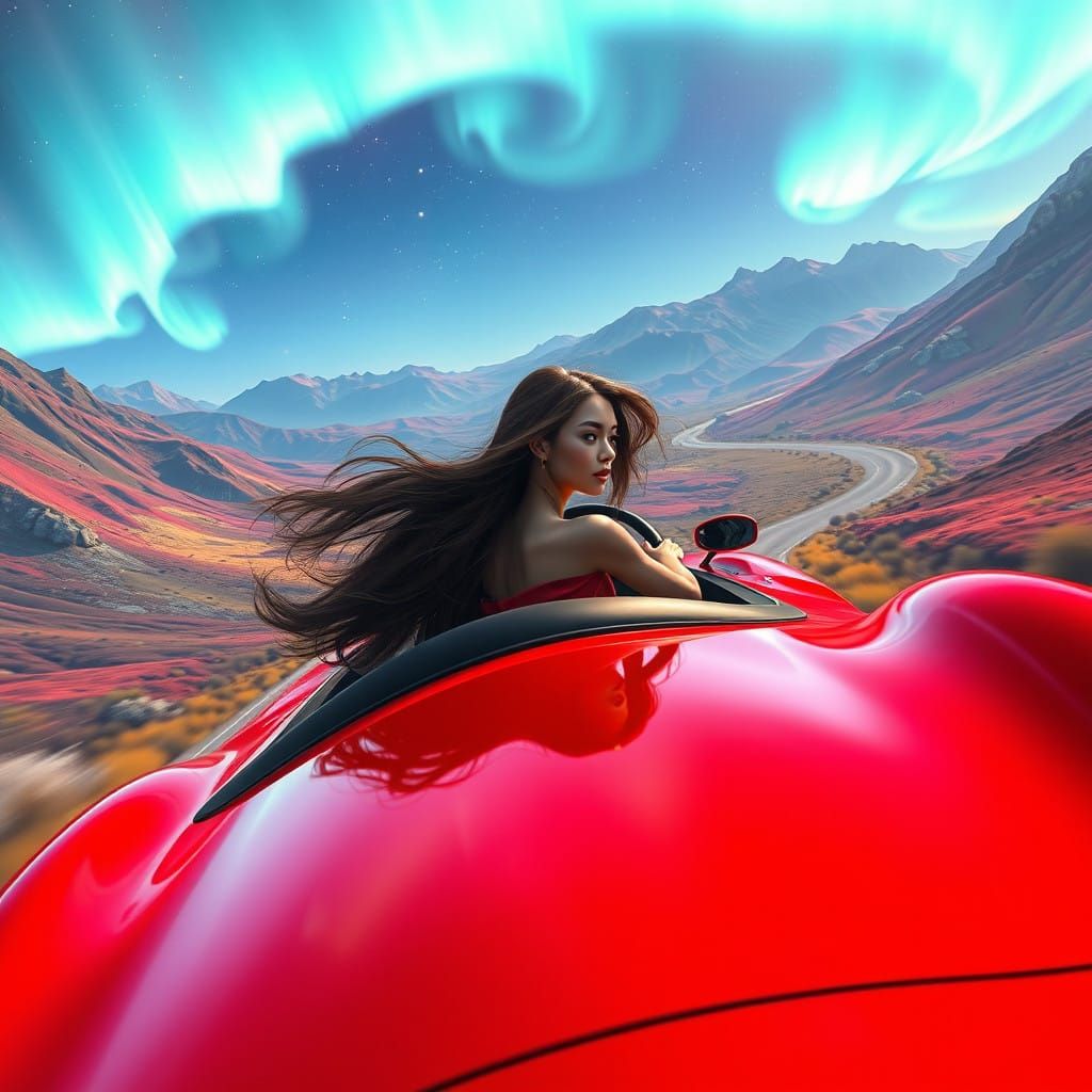 Elegant Woman Speeds Down Winding Road in Red Ferrari