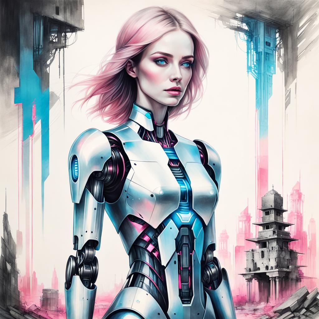 Robot Girl Portrait with Double Exposure in Dreamcore Style