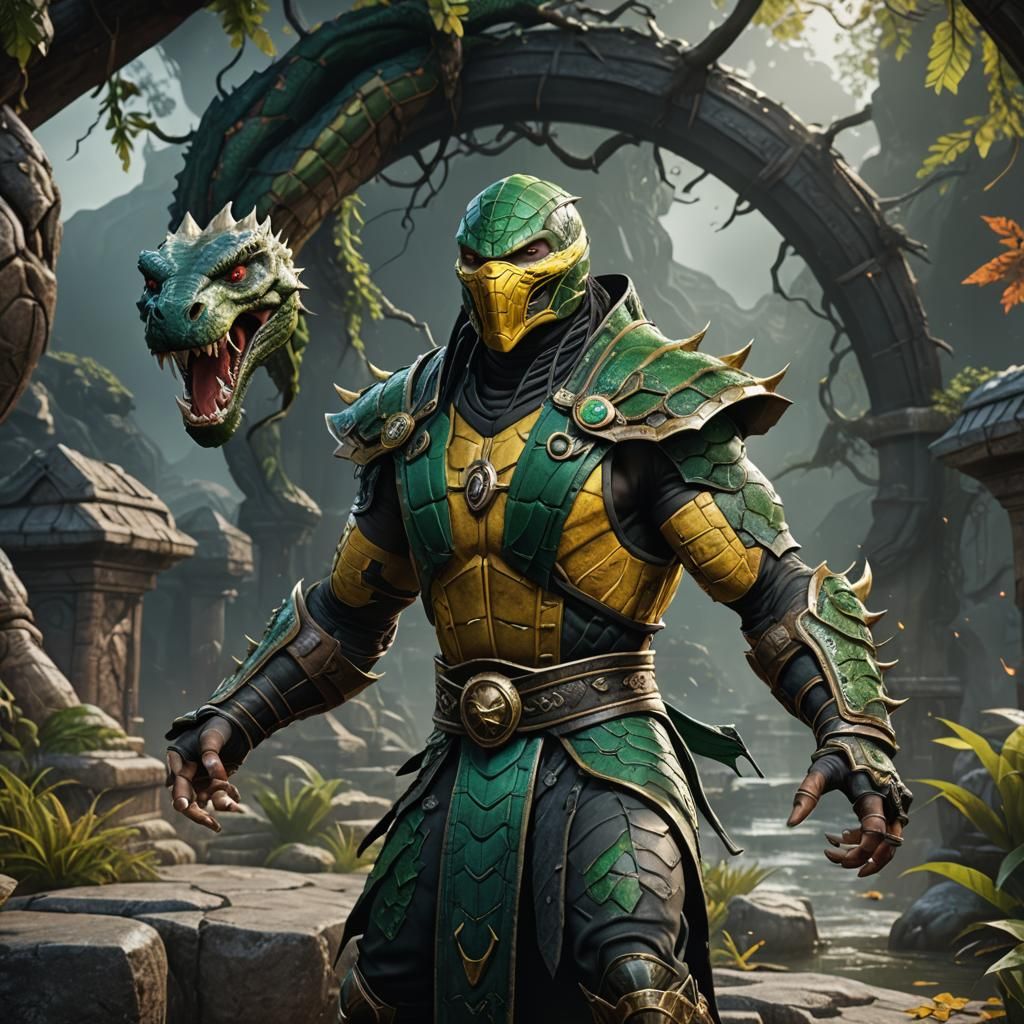 Detailed Matte Painting of Reptile from Mortal Kombat