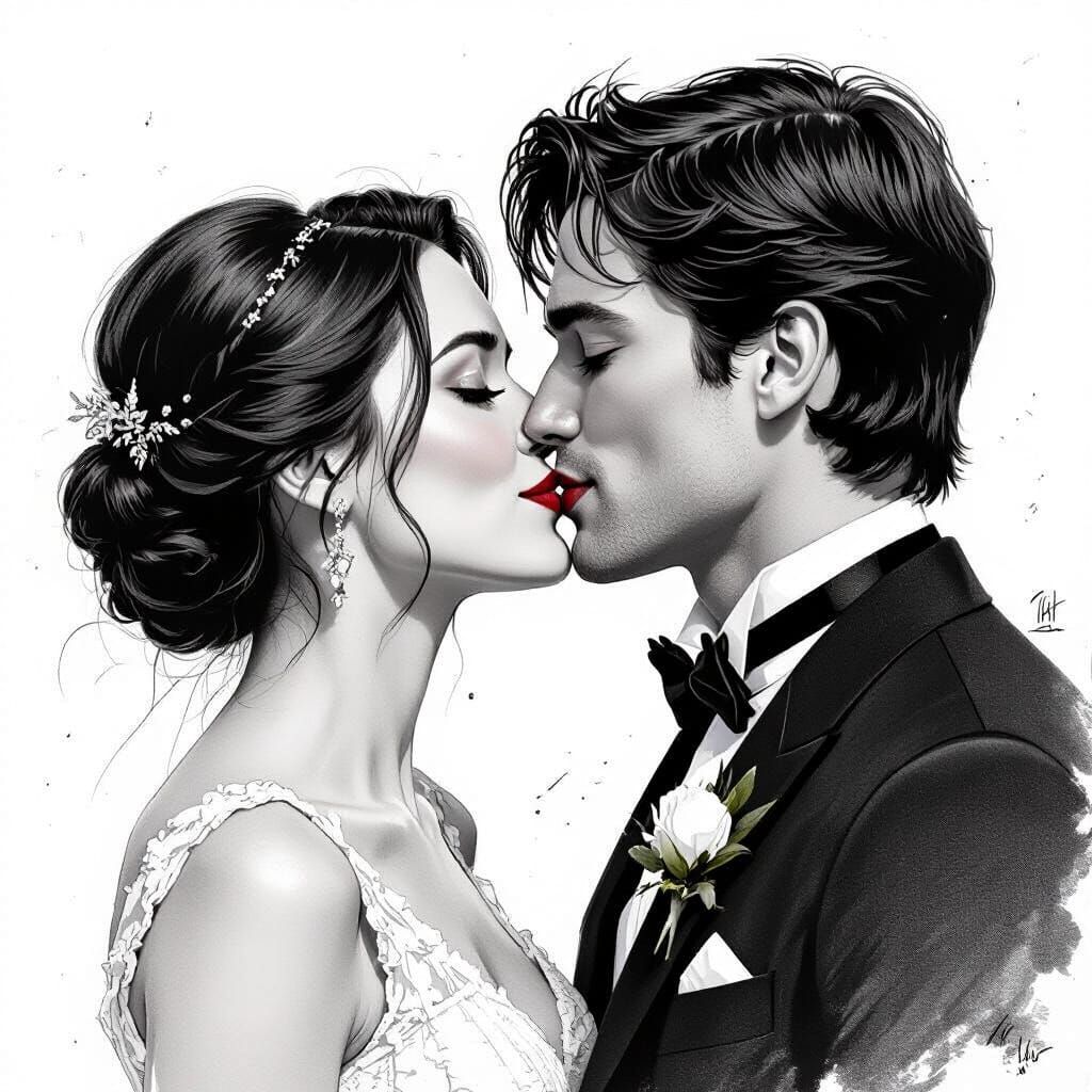 Romantic Couple Kissing in Realistic Pencil Sketch