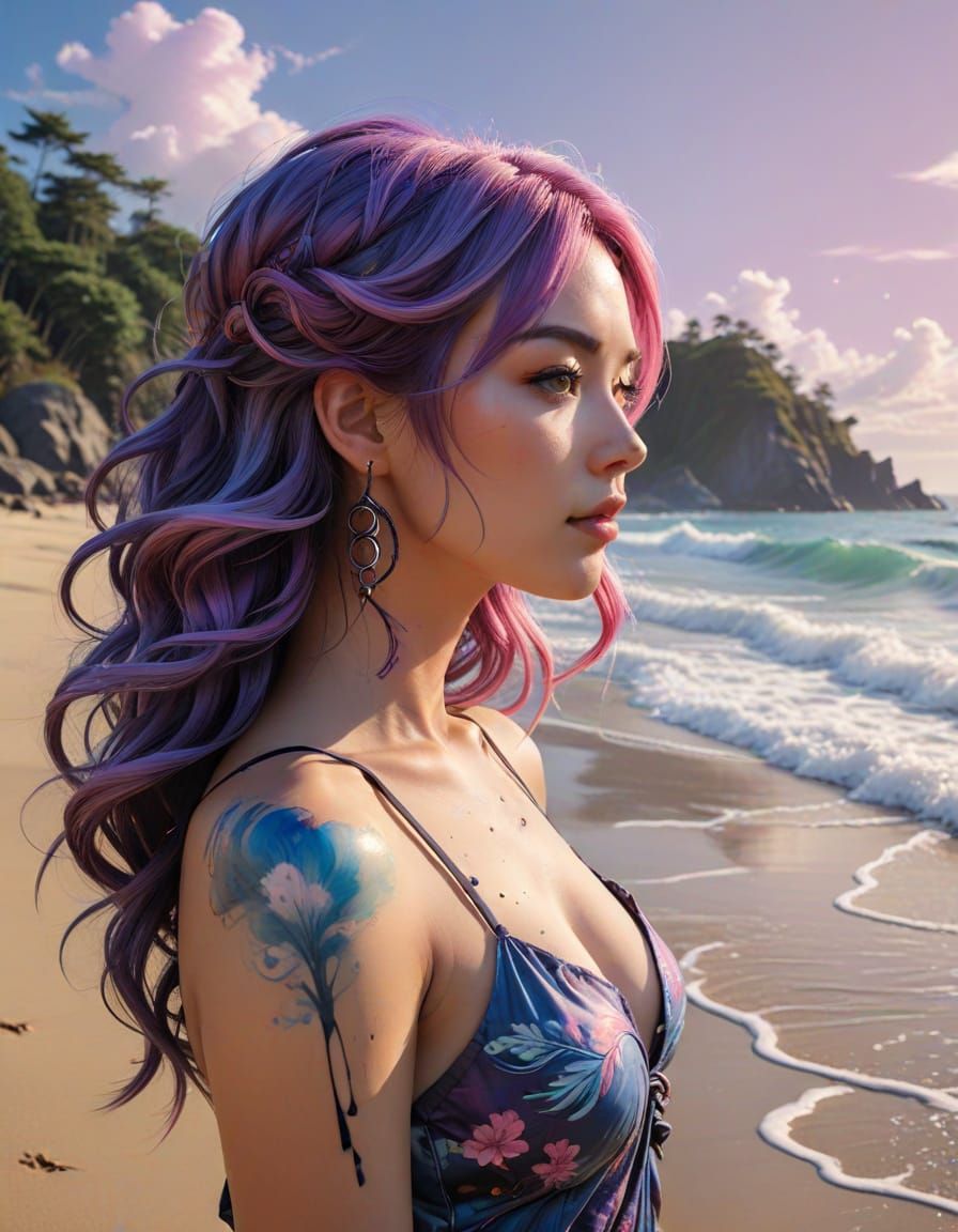 Steampunk Beach Model with Suminagashi Marbling Background