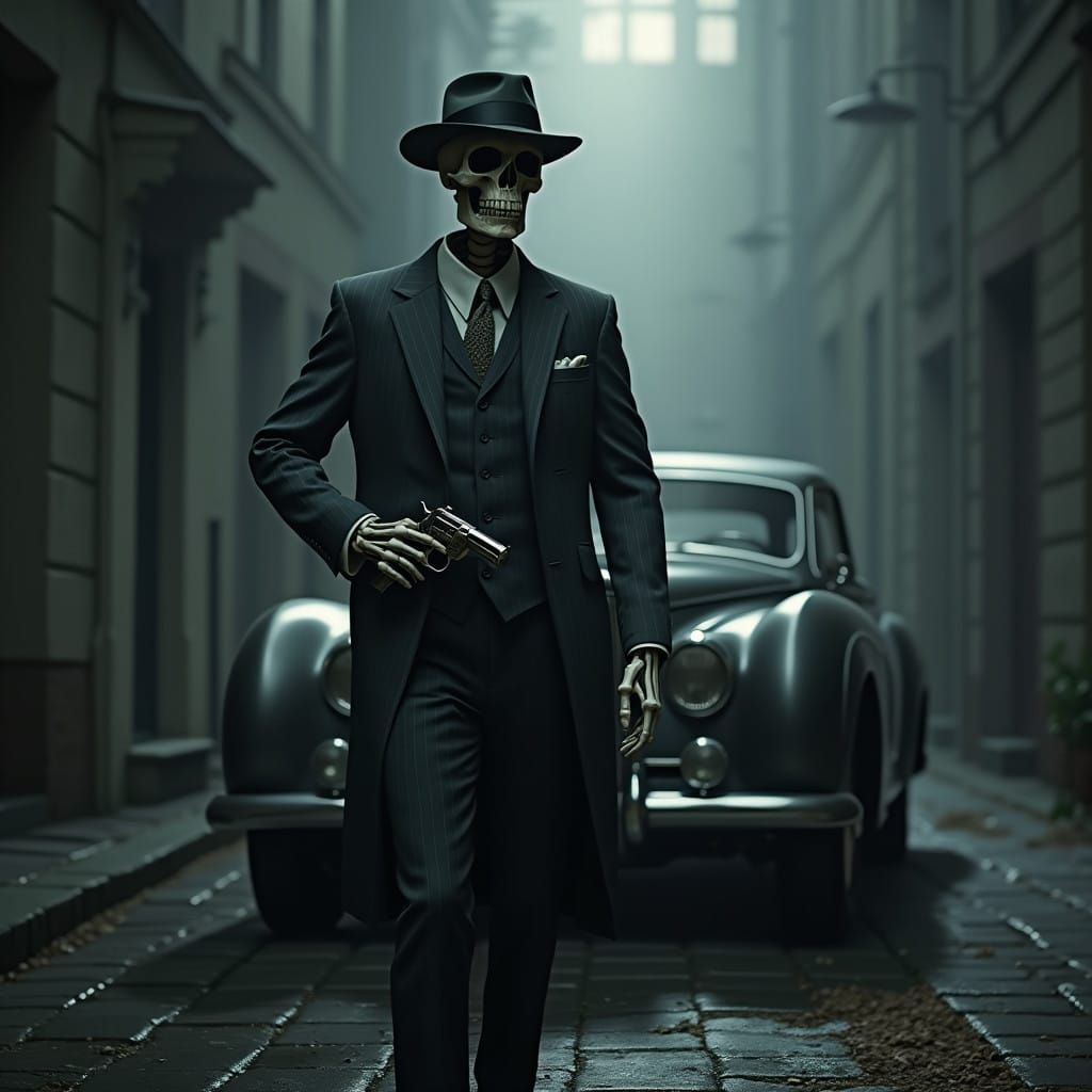 Elegant Undead Detective in Foggy Alleyway