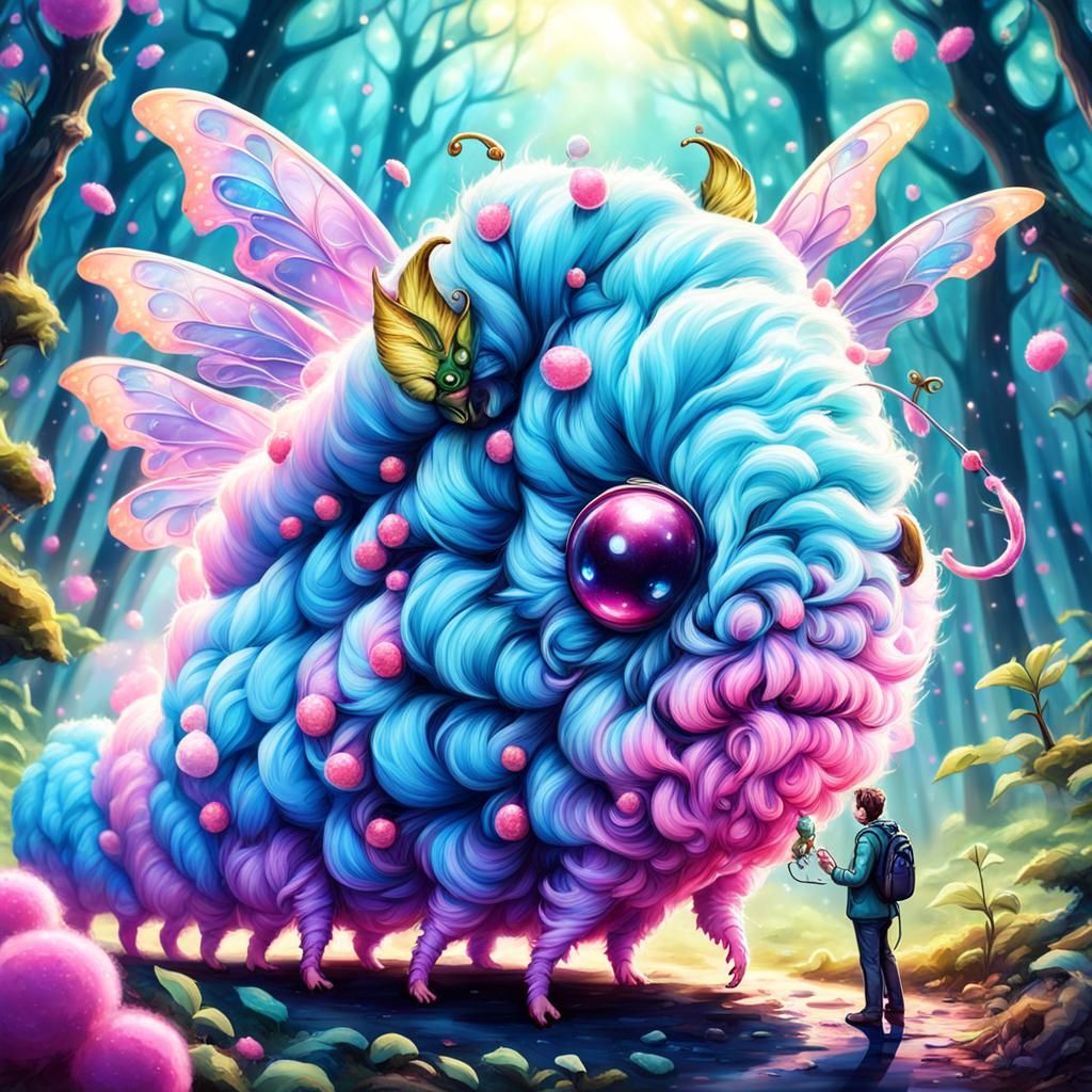 Mythical Chibi Caterpillar Pet in Forest Scene