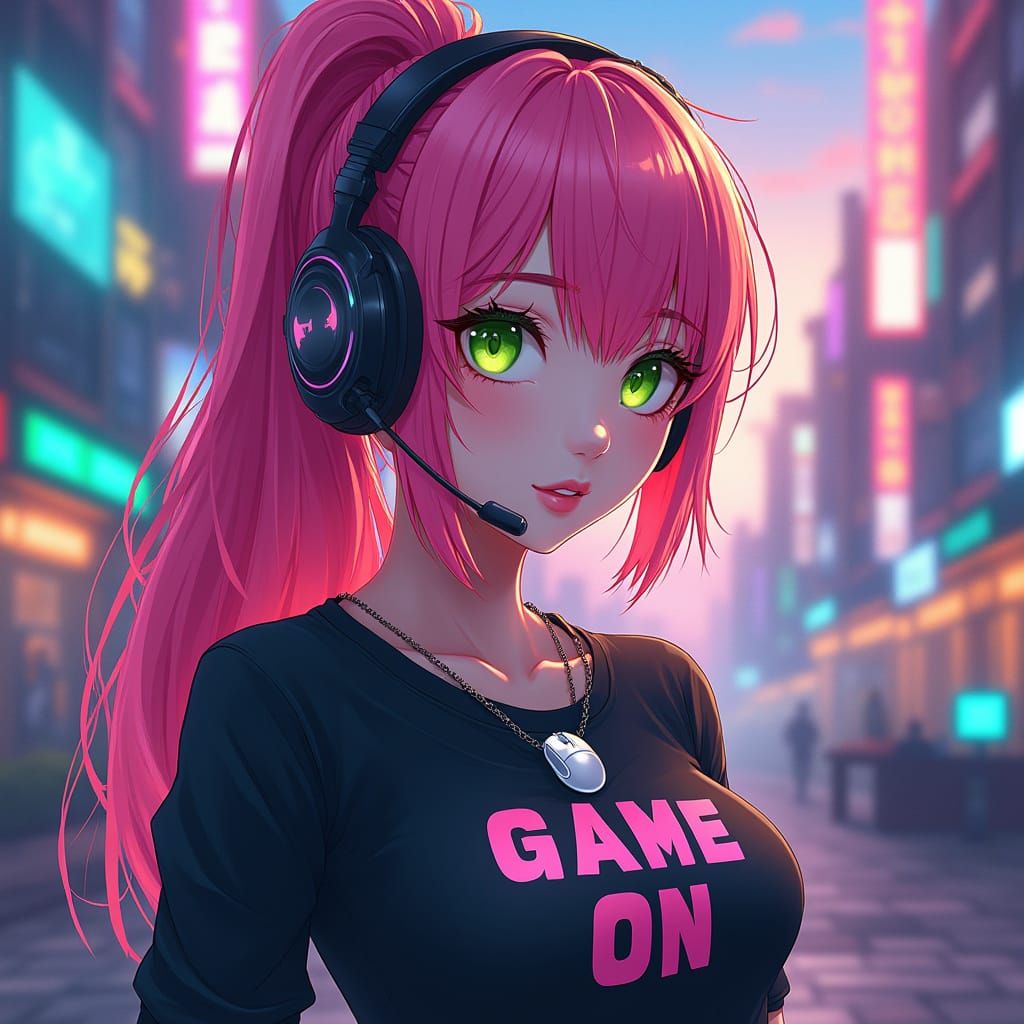 Gaming Girl in Neon Cityscape