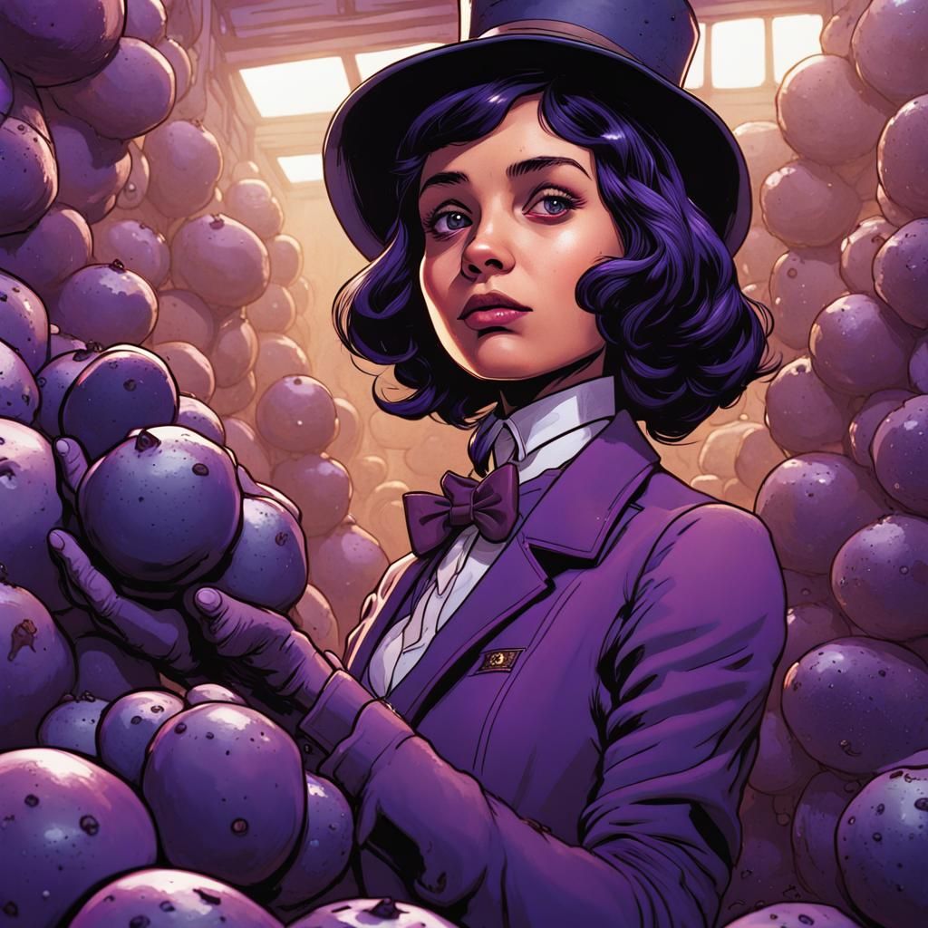 Violet Beauregard, after she turned in to a giant purple blueberry in Willie Wonka's factory high resolution cinematic s...