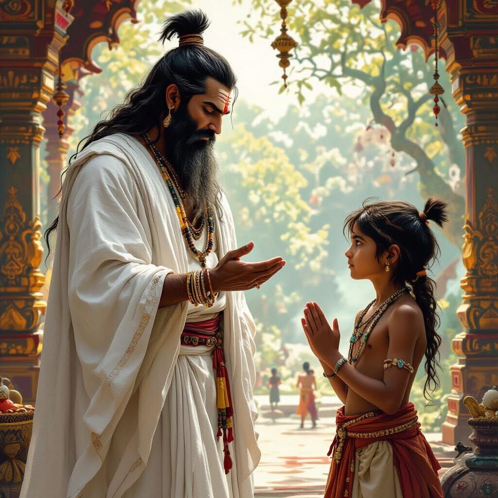 Drona and Humble Boy: Hyperrealistic Indian Scene