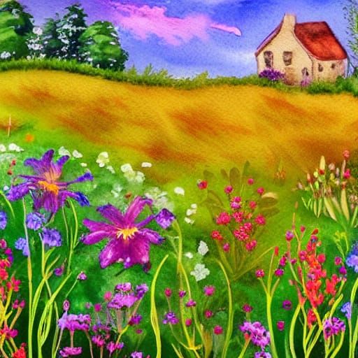 Watercolor Cottage in Meadow, Impressionist Style