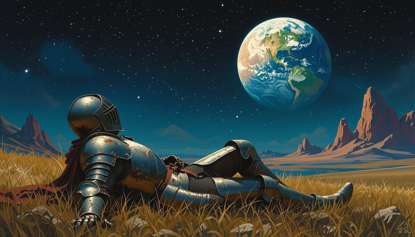 Knight Gazing at Distant Planet in Oil Paint Style