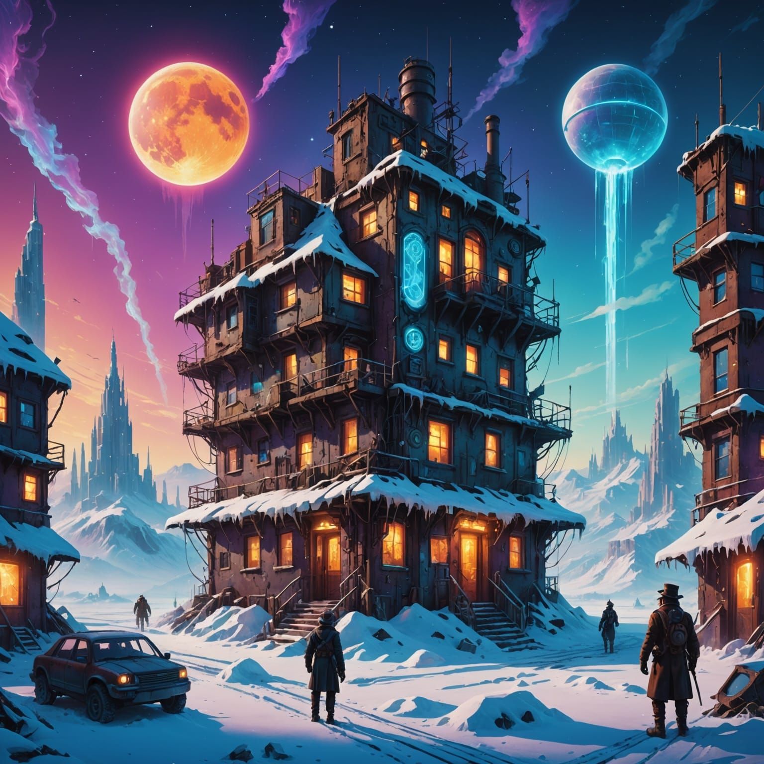 Snowy Steam Punk Haven Amidst Frozen Ruins