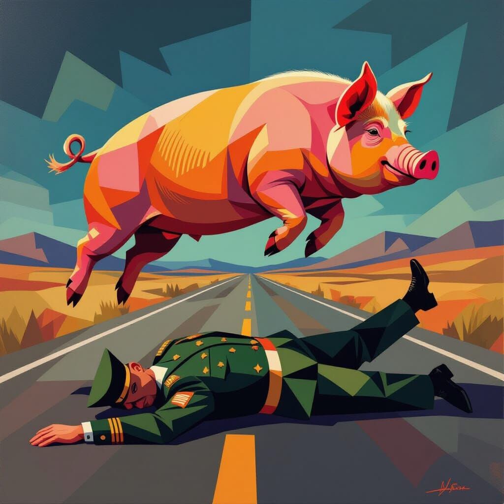 Orange Pig Leaps Over Fallen General in Cubist Style