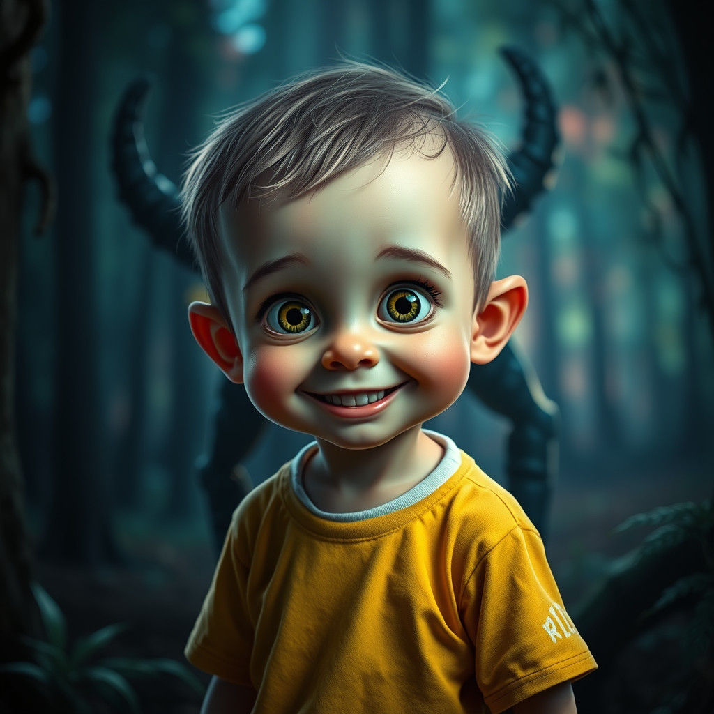 Boy in Eerie Forest, Hyperrealistic Style