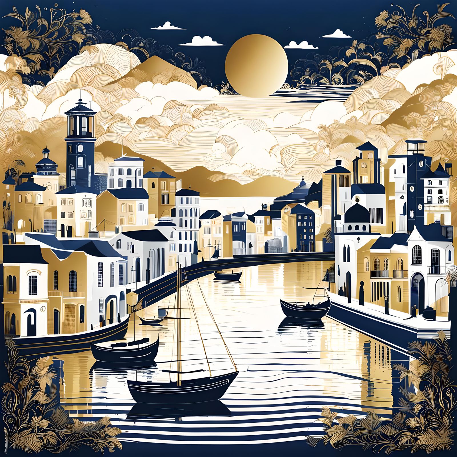 Vector Coastal City Graphic Design in Gold and Indigo