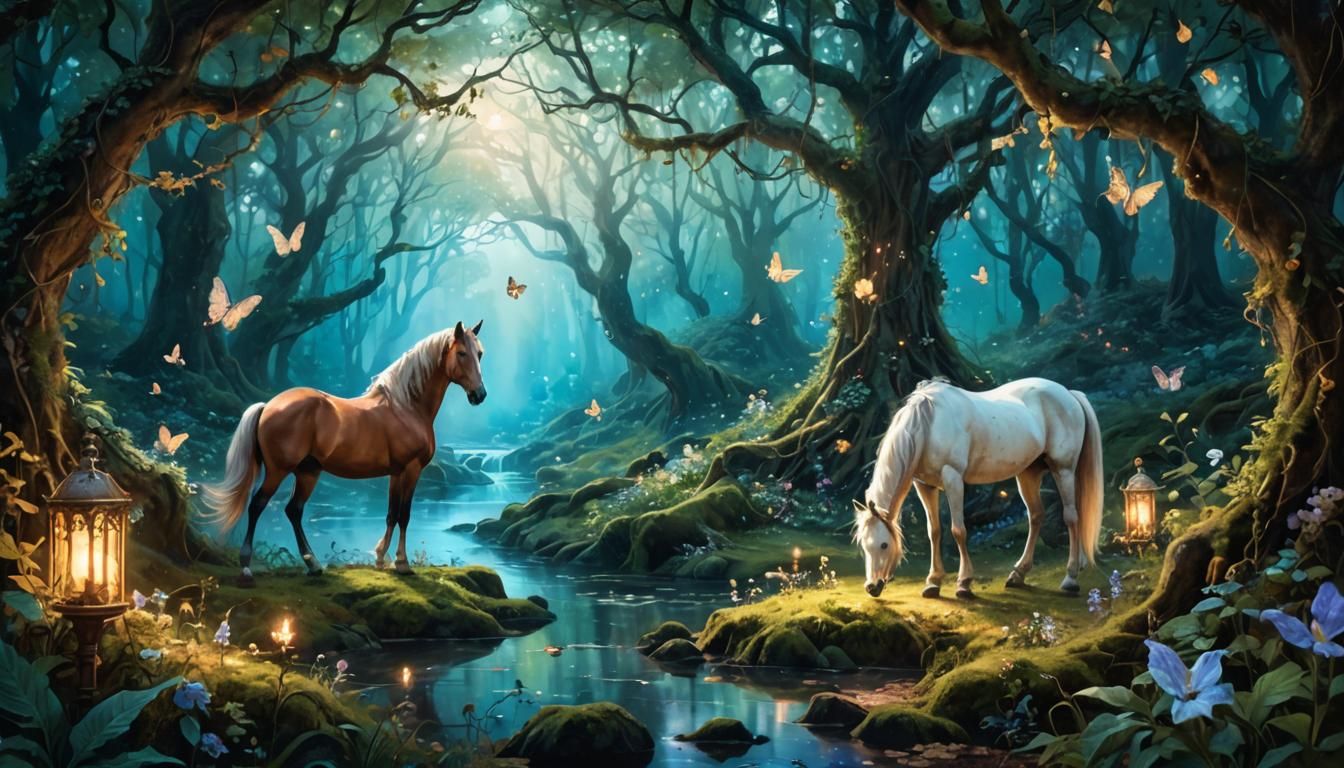 Two Horses in Mystical Forest: Whimsical Fantasy Art