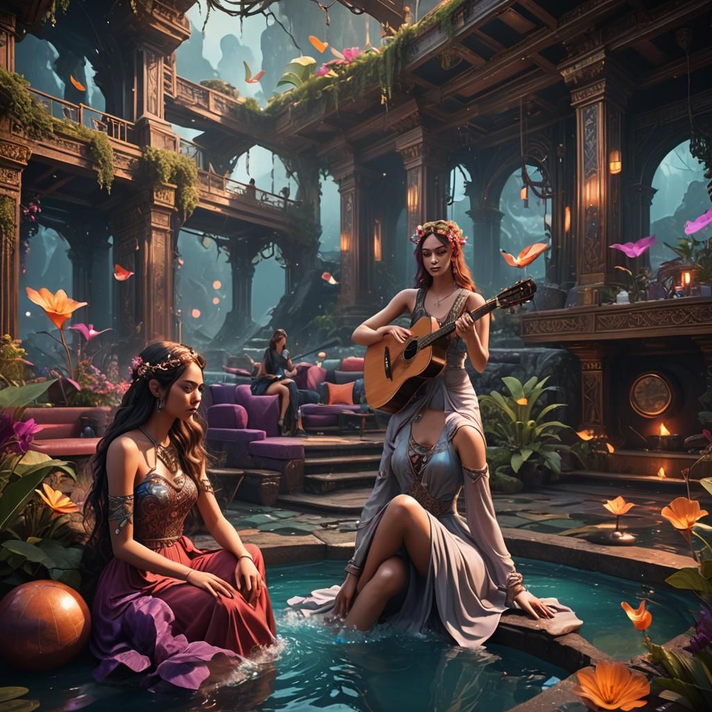 Ethereal Girls in a Fantastical World: Ambient Lounge Scene