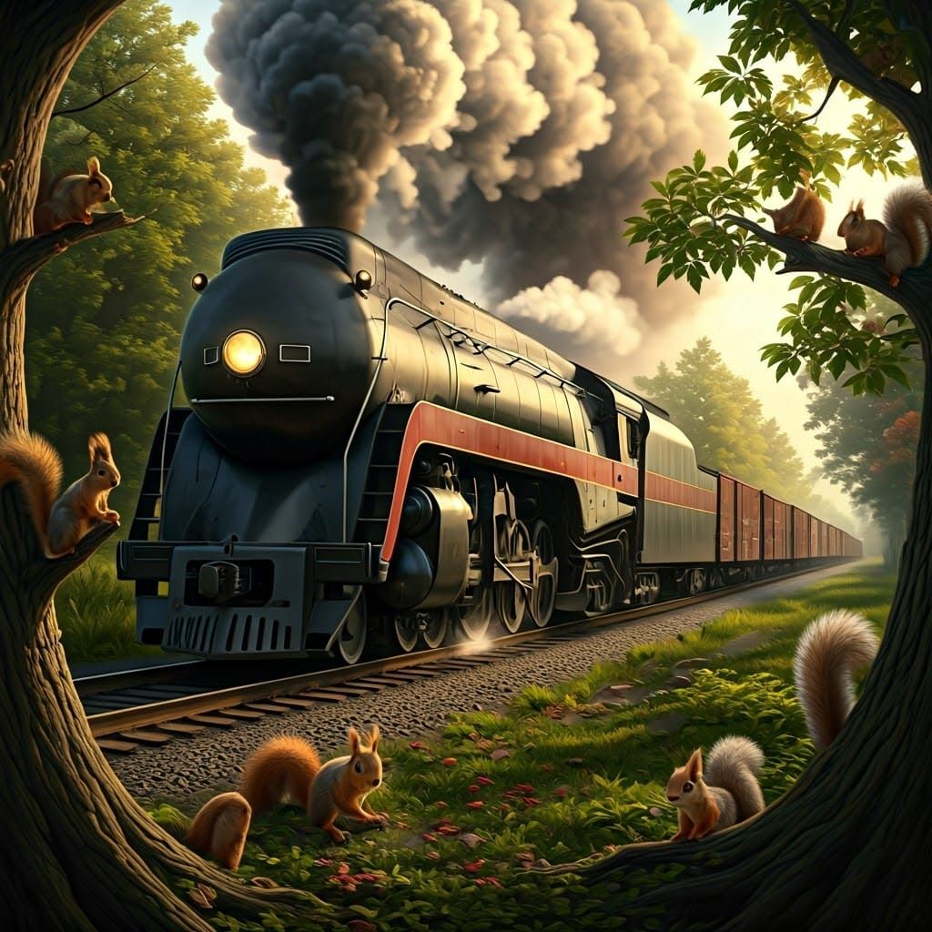 Squirrels Watch Steam Train in Cinematic Golden Light