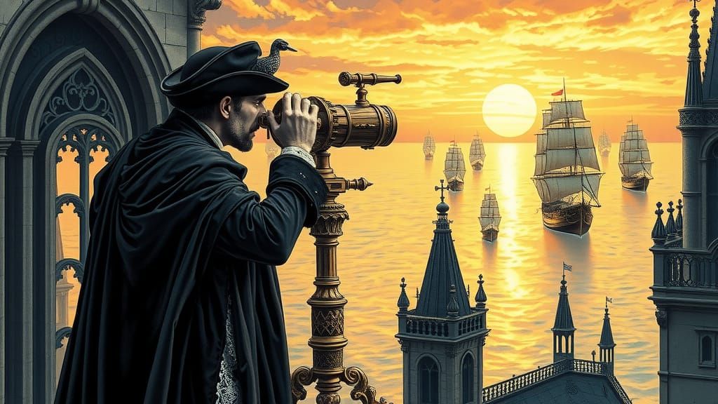 Gothic Art Style: Person with Small Gothic Telescope looking...
