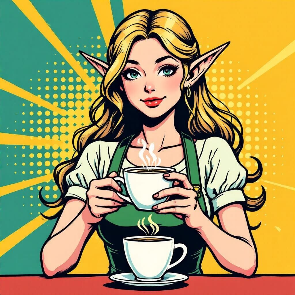 Elven Barista in Pop Art Comic Style