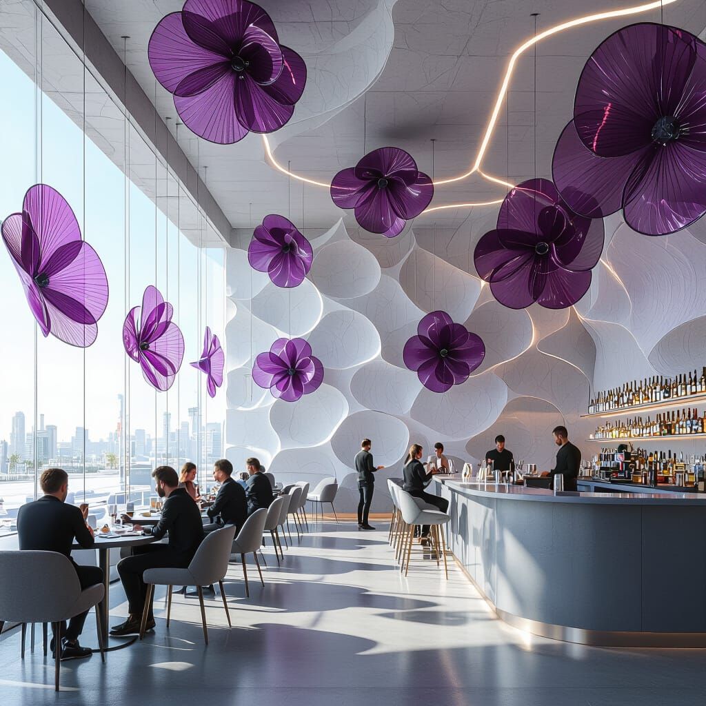 Futuristic Restaurant with 3D Flowers in Neon Noir Style