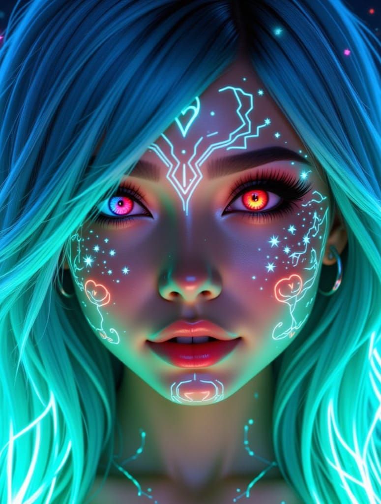 Cyberpunk Portrait: Woman with Neon Hair and Glowing Circuit...