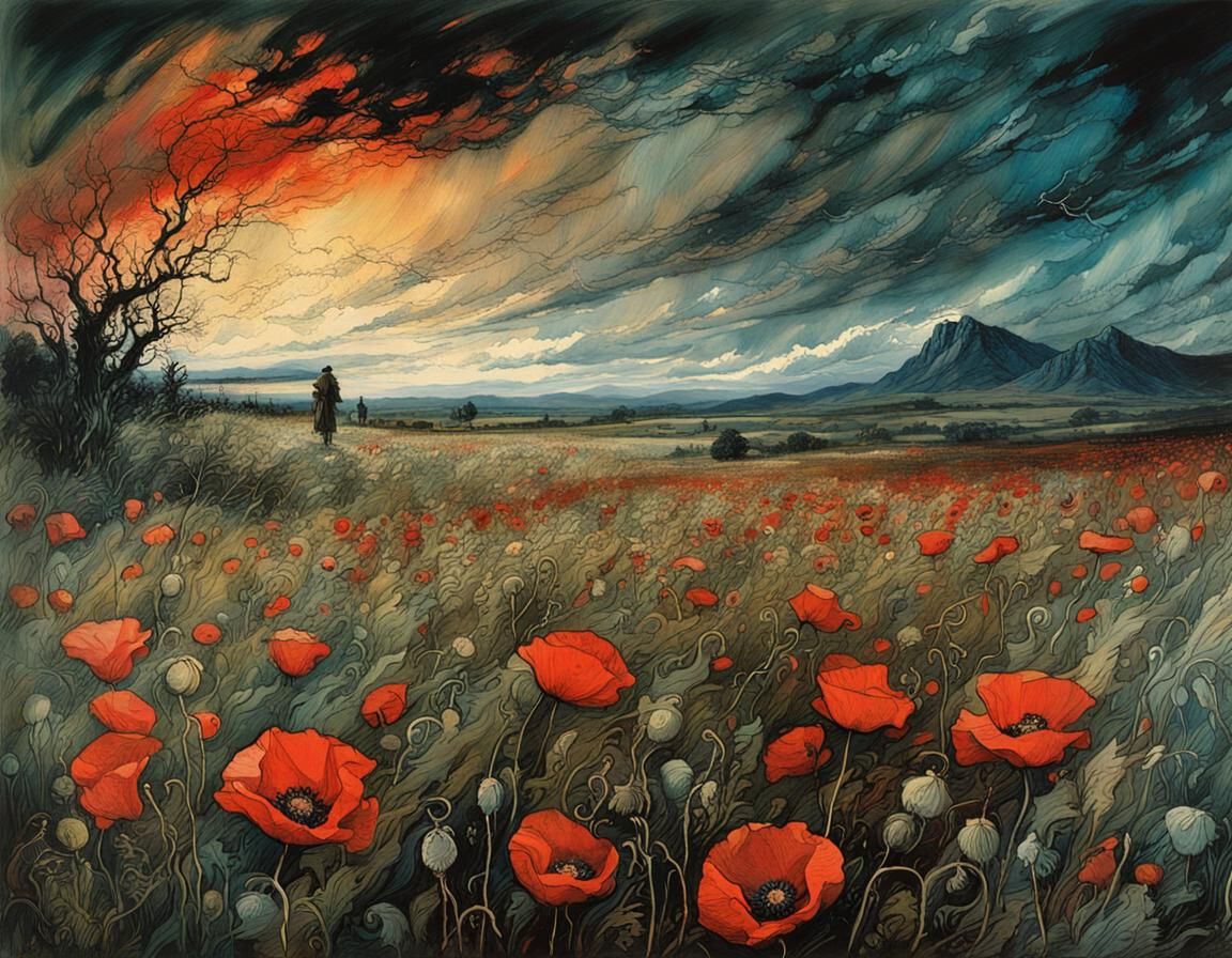 Stormy Poppy Field: Dark Fairytale Illustration