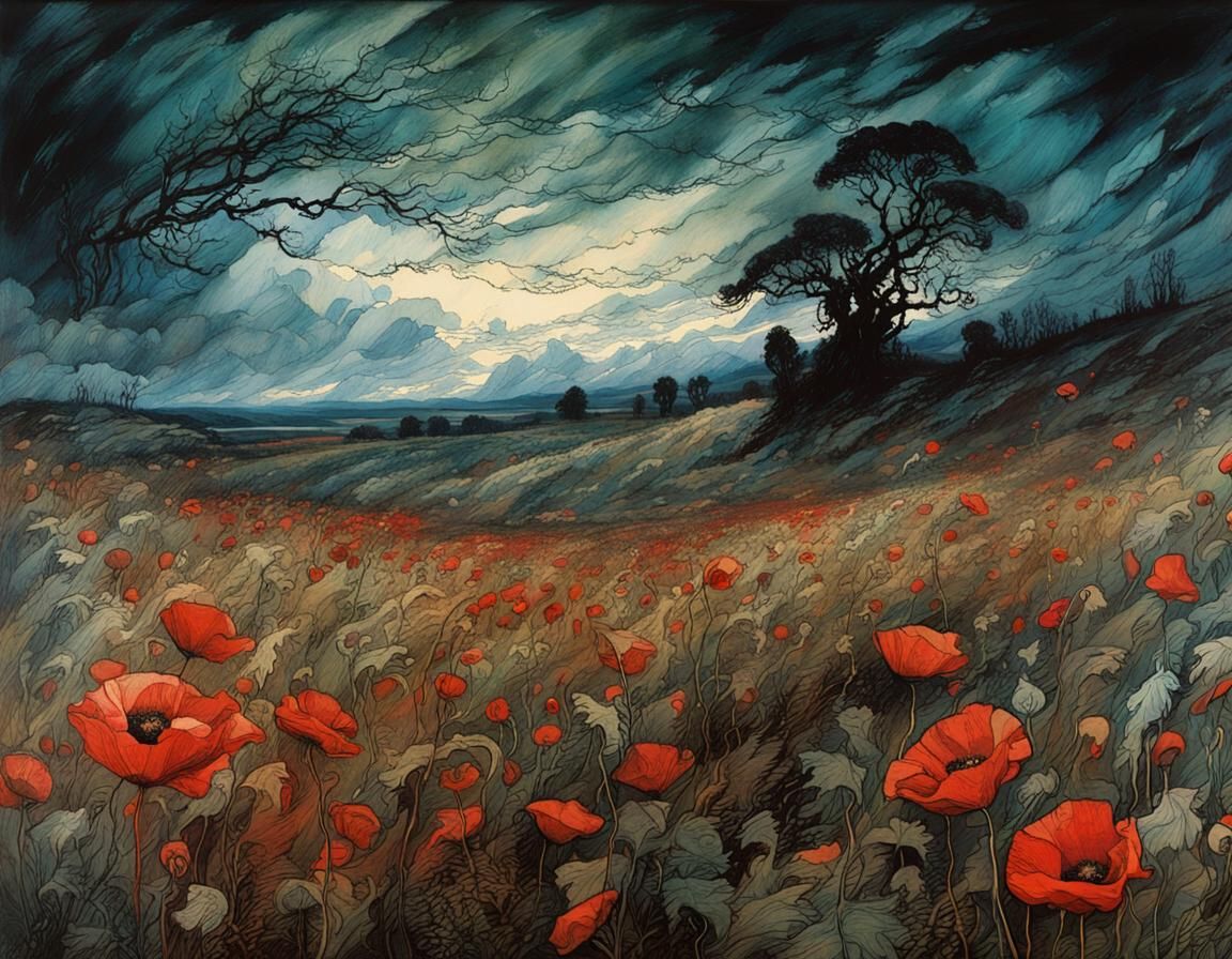 Stormy Poppy Field: Golden Age Illustration