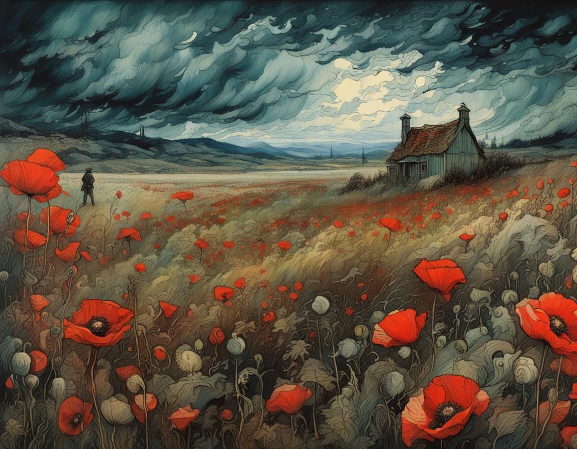 Stormy Poppy Field: Detailed Fantasy Illustration