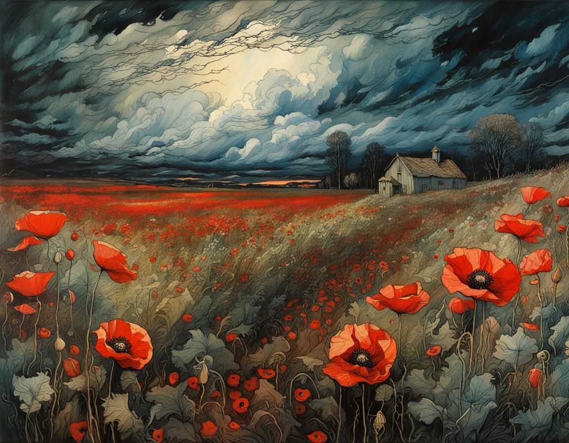 Dreamlike Stormscape Over a Field of Blooming Poppies in Dee...