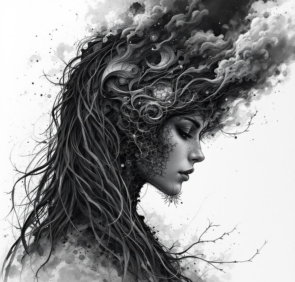 Storm Rider Ink Portrait in Dark Fantasy Style