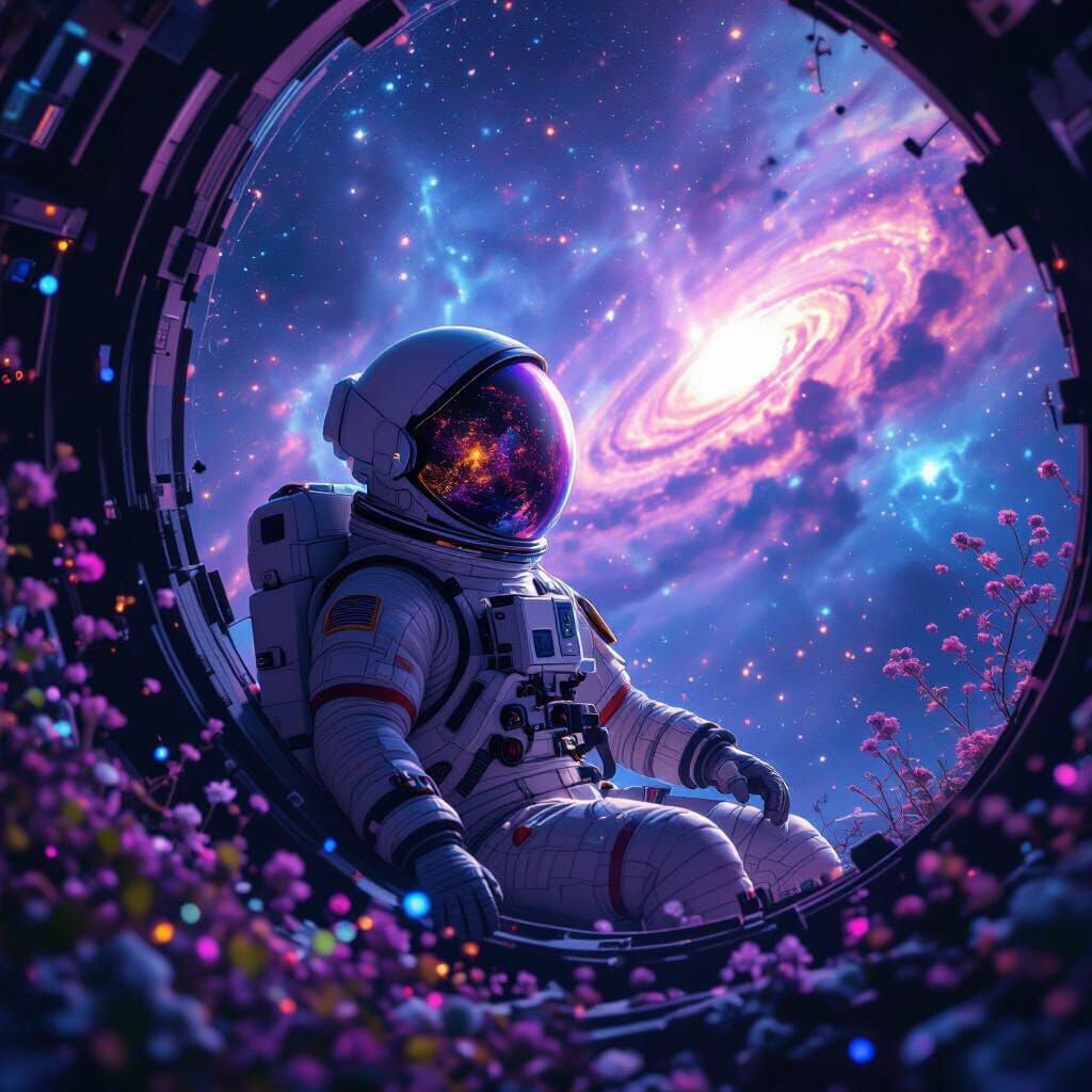 Astronaut Adrift in Cosmic Nebula Reflecting Alien Galaxy
