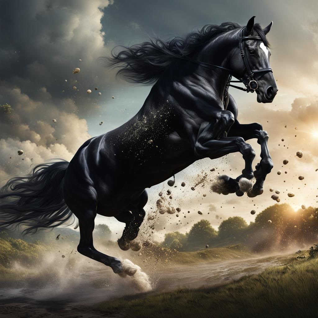 Friesian Black Horse Jumping: Fantasy Concept Art