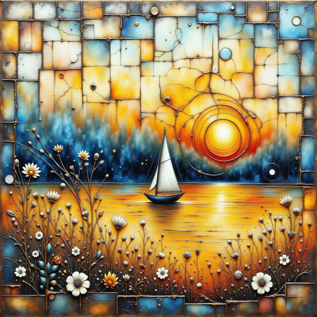 Sailboat Sunset as Impasto Painting with Golden Accents