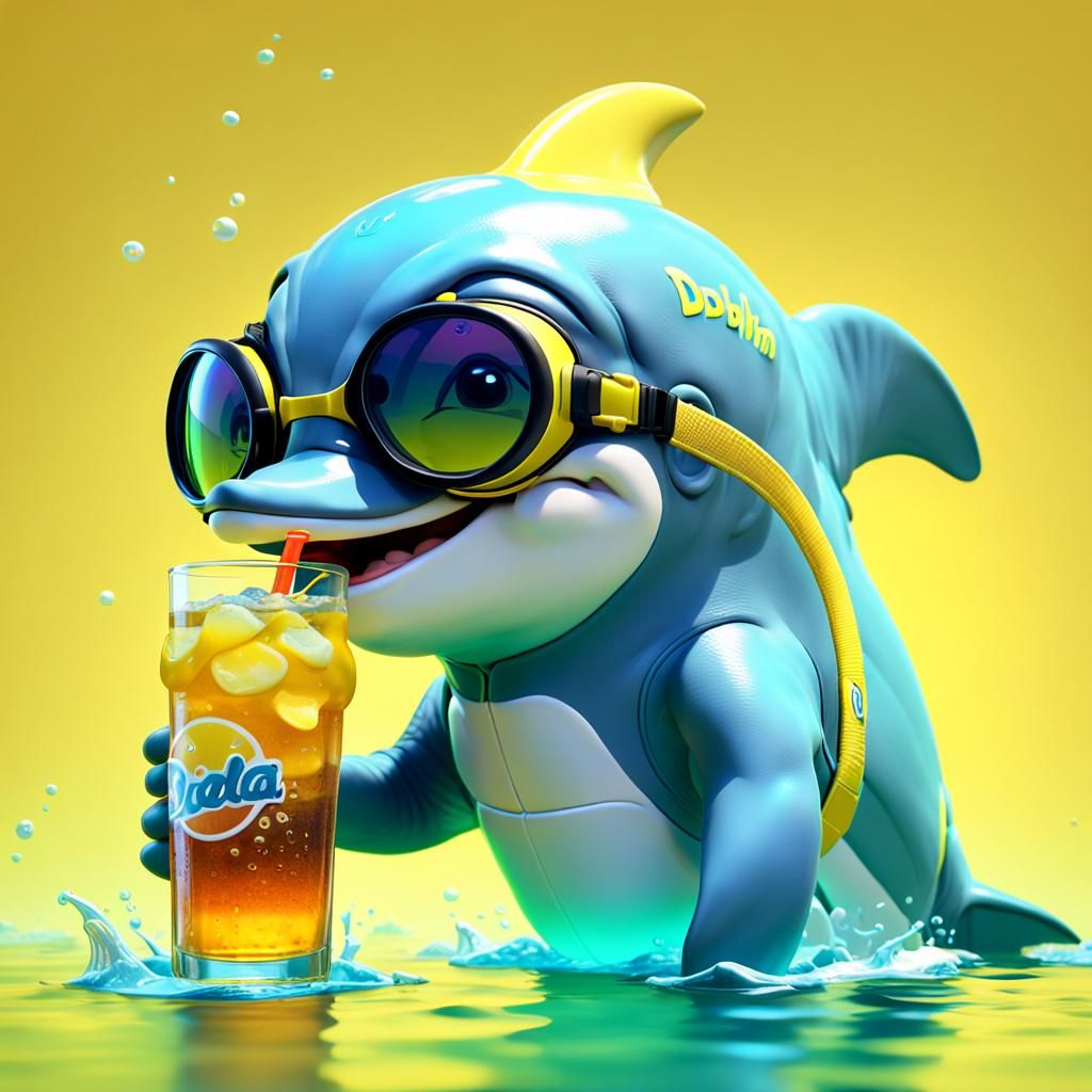Dolphin with Goggles Drinking Soda: Pixar Style