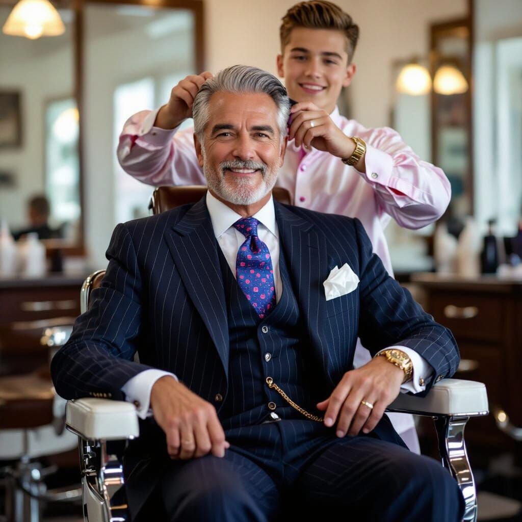 Man in Suit Gets Haircut in Barber Shop
