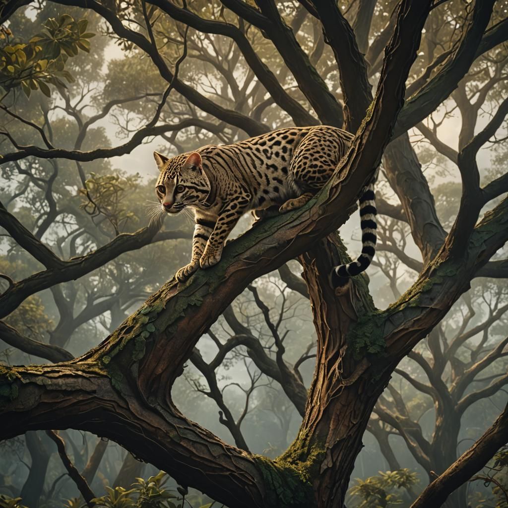 Ocelot in Tree: Dramatic Digital Matte Painting