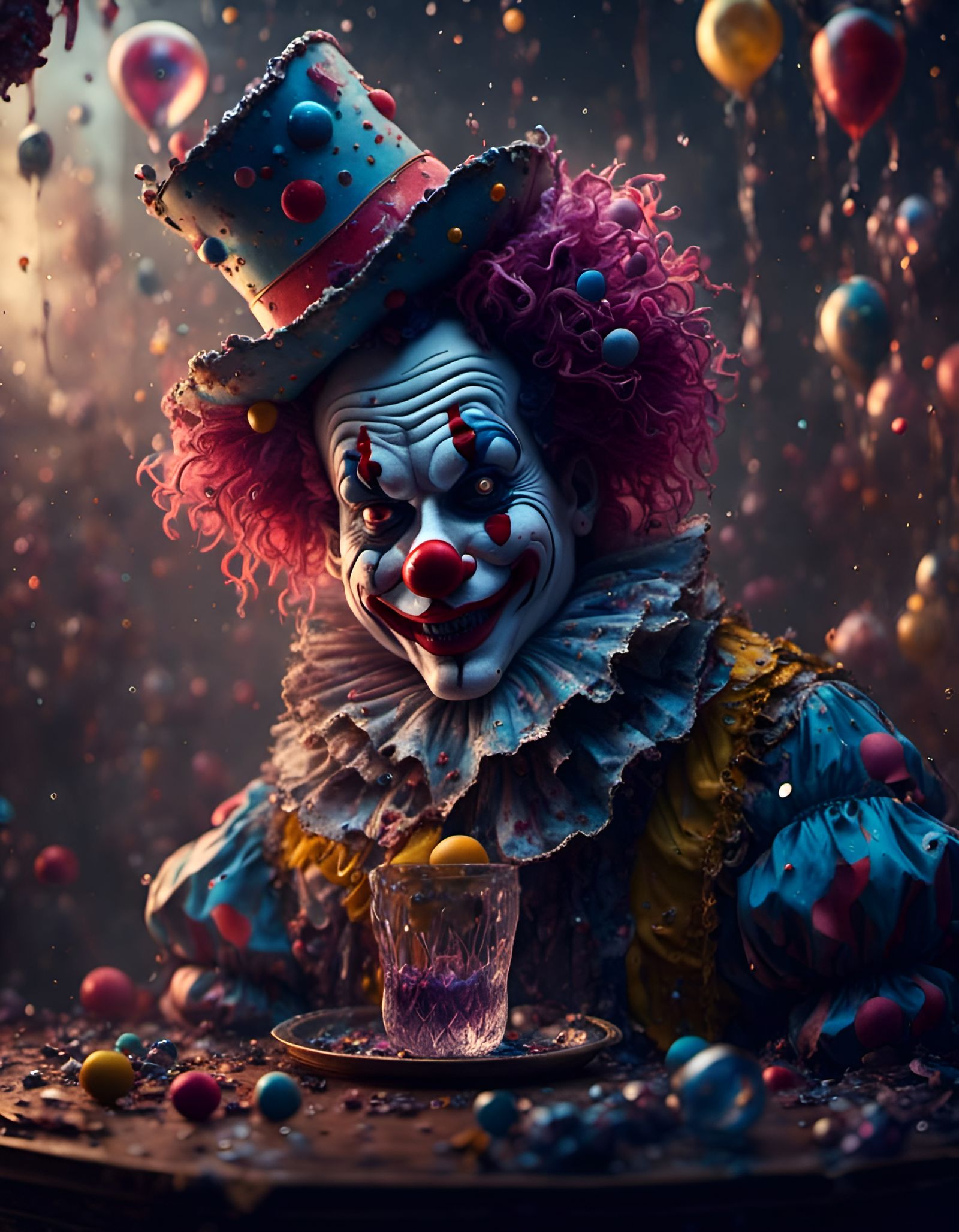 Photorealistic Glass Clown Portrait in 32K