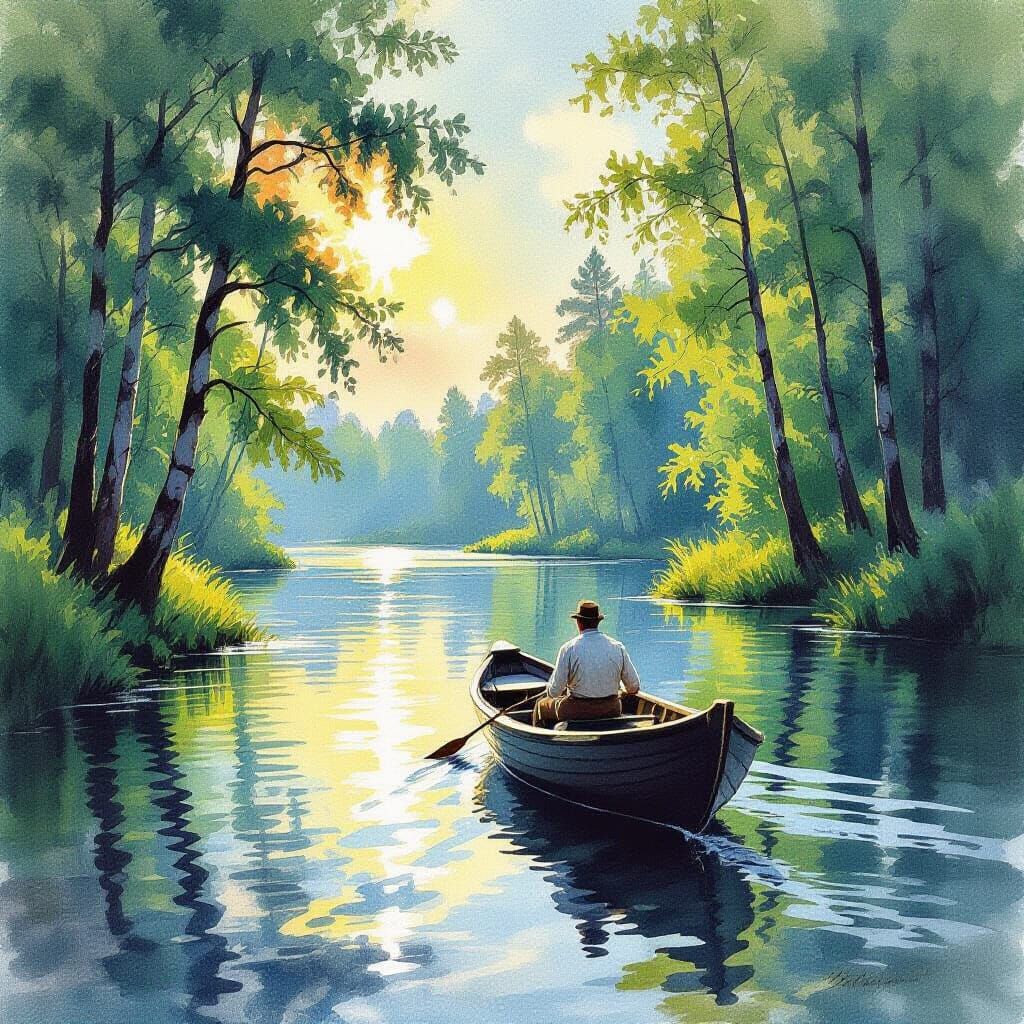 Man in Boat on Windy River Through Forest, Watercolor Style