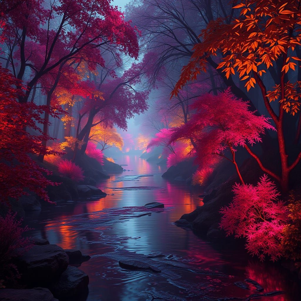 Mystical Neon-Lit Autumn River in Dark Fantasy Style