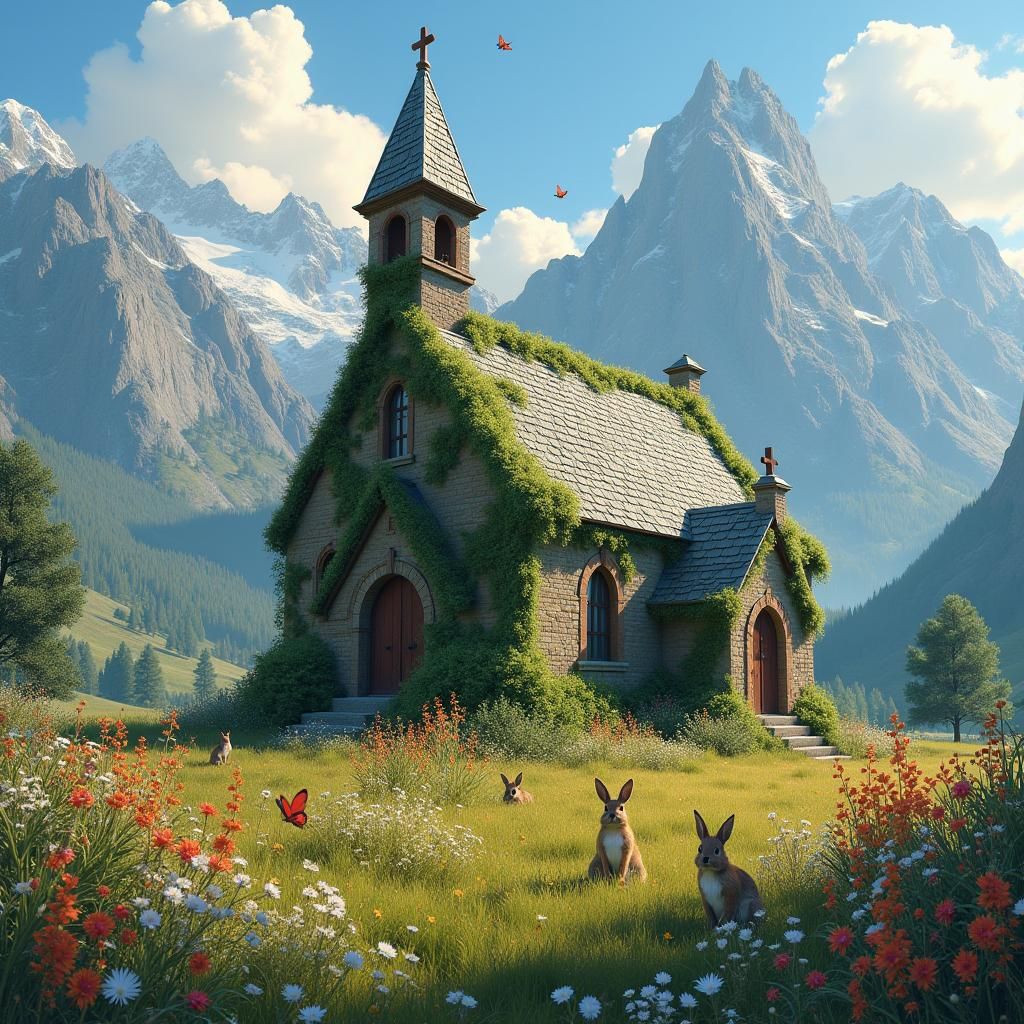 Mystical Church in Wildflower Field with Mountain Backdrop