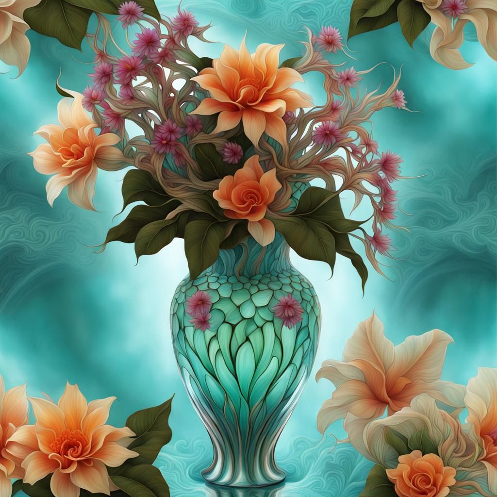 Fractal Exotic Flowers in Elegant Tiffany Vase