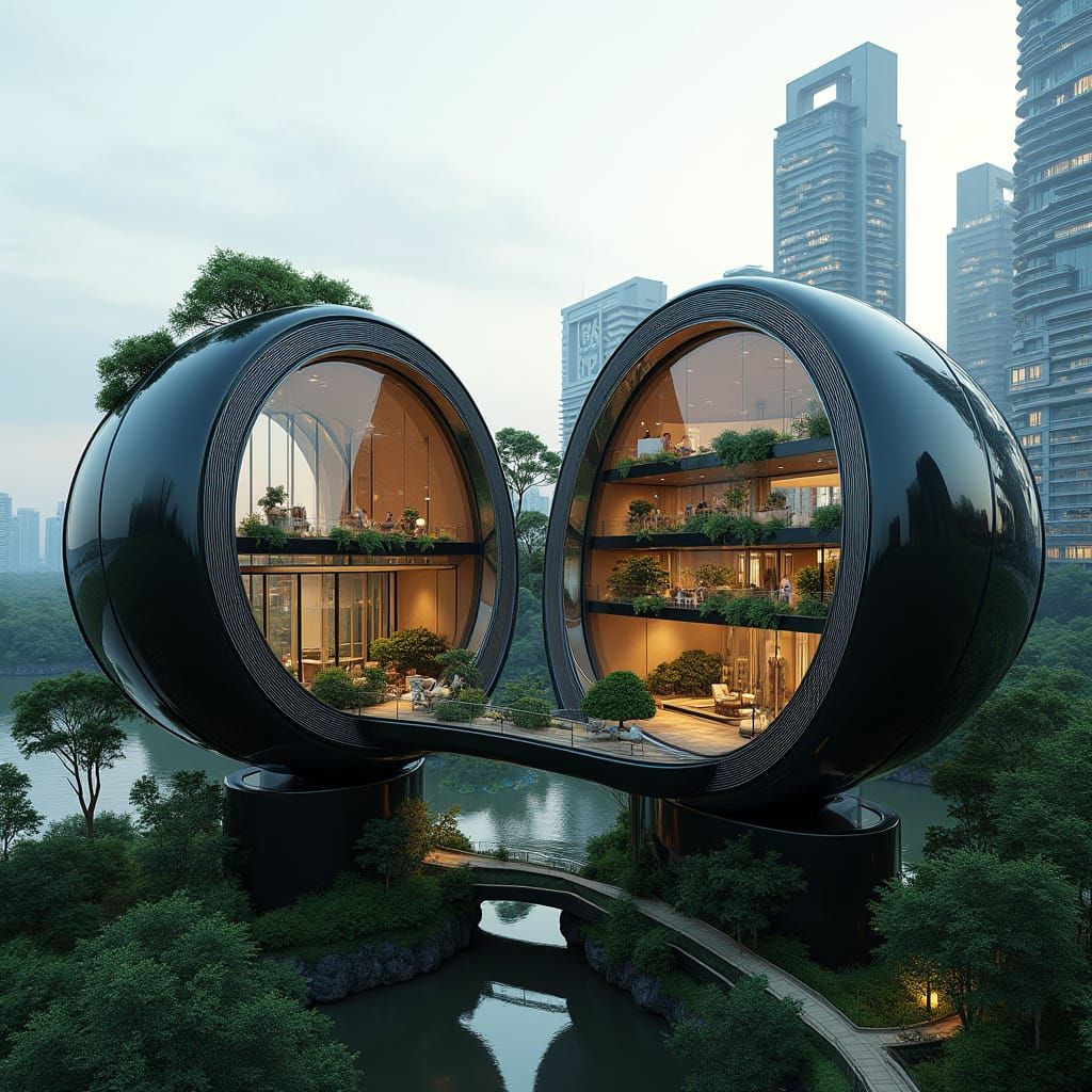 Surreal Futuristic Organic Twin Buildings in a Digital Aesth...