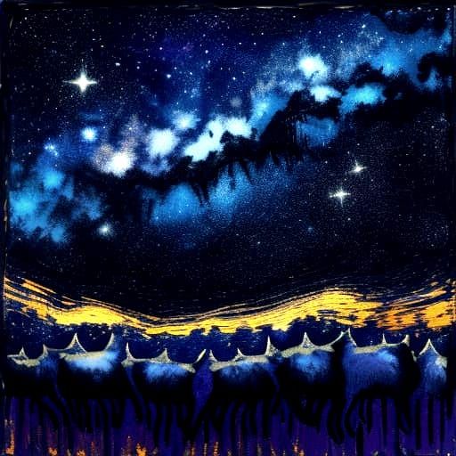 Vibrant Starry Night Gathering of Cats in Abstract Expressio...