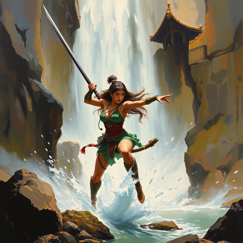 Epic Asian Warrior Unleashes Power Amidst Waterfall's Fury