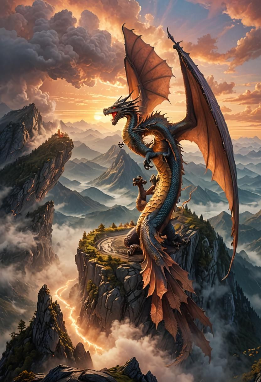 Dragon Soaring Through Misty Mountain Range at Dusk